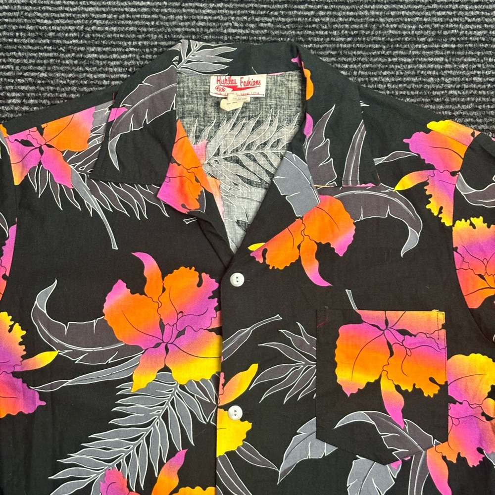 Vtg Hukilau Fashion Shirt Men L Black Floral Hawaiian Camp 60s 70s Made In USA